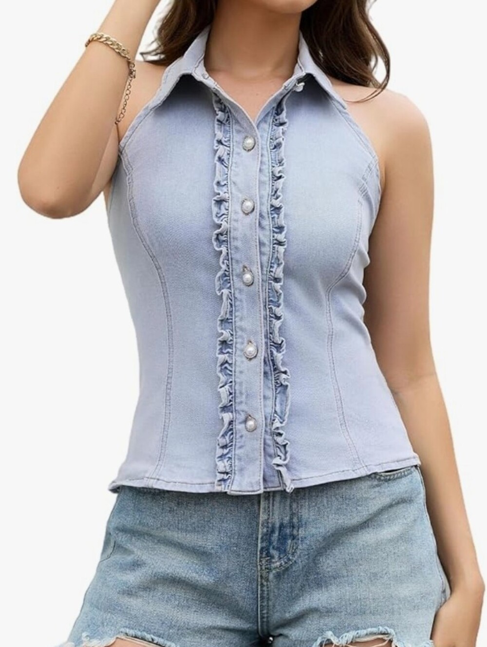 Light Blue Ruffled Button Halter Tank Top